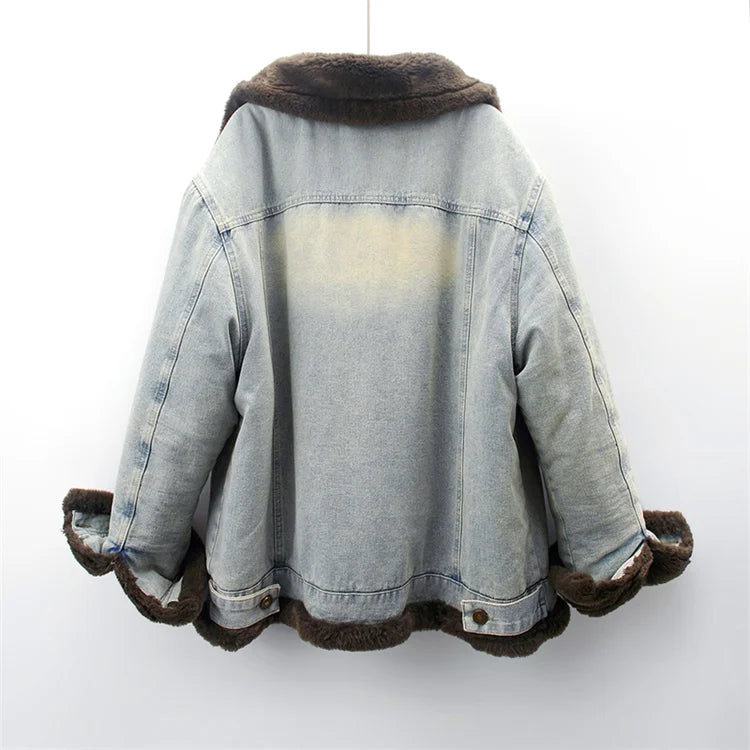 Winter Thick Faux Mink Cashmere Denim Jacket Women Cowboy Outerwear Vintage Loose Big Pocket Stand Collar Jeans Jacket Female