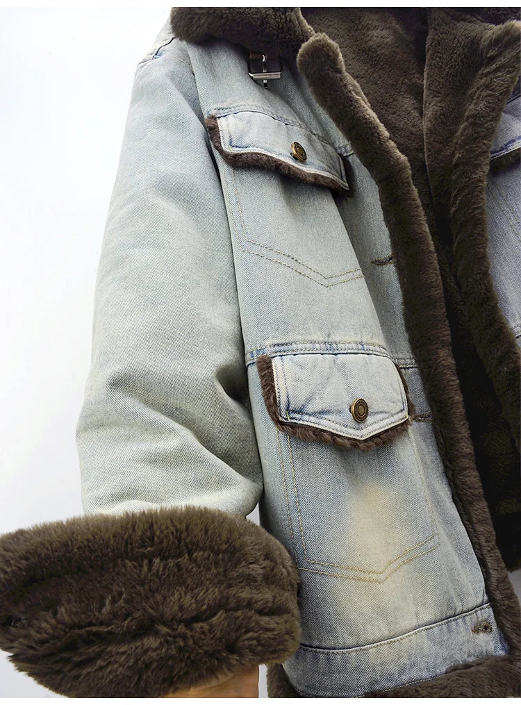 Winter Thick Faux Mink Cashmere Denim Jacket Women Cowboy Outerwear Vintage Loose Big Pocket Stand Collar Jeans Jacket Female