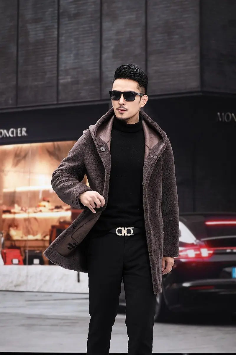 Men Winter Long Casual Thick Fleece Hooded Waterproof Jacket Male Real Fur Wool Coat Outwear Vintage Clothing G436