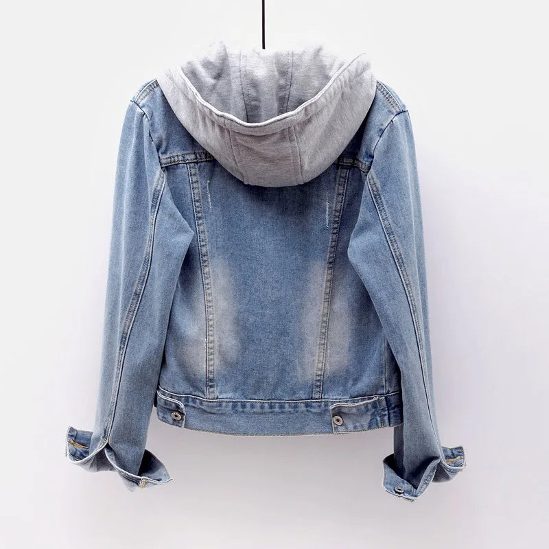 Women's Korean Fashion Long Sleeve Jean Jacket Slim Hooded Short Denim Jacket Woman Coat