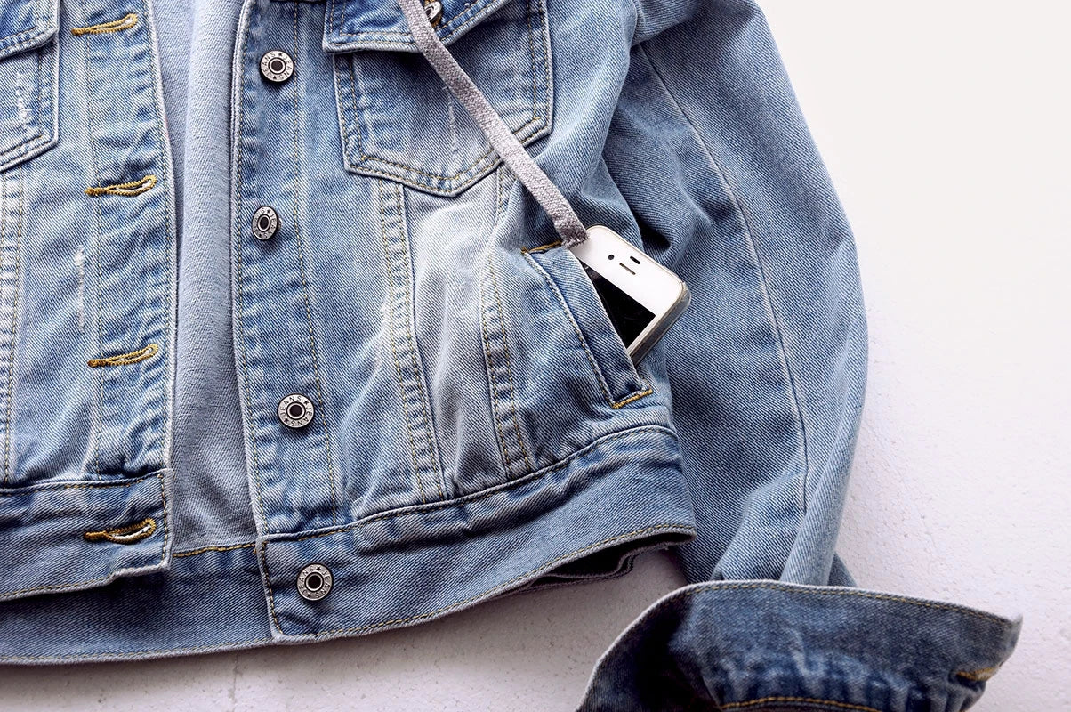 Women's Korean Fashion Long Sleeve Jean Jacket Slim Hooded Short Denim Jacket Woman Coat