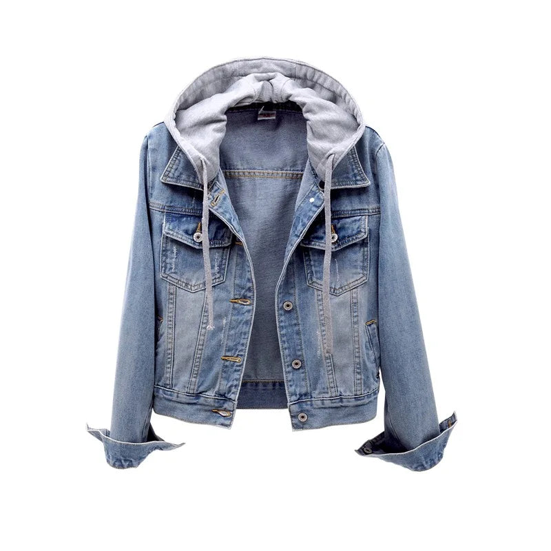 Women's Korean Fashion Long Sleeve Jean Jacket Slim Hooded Short Denim Jacket Woman Coat