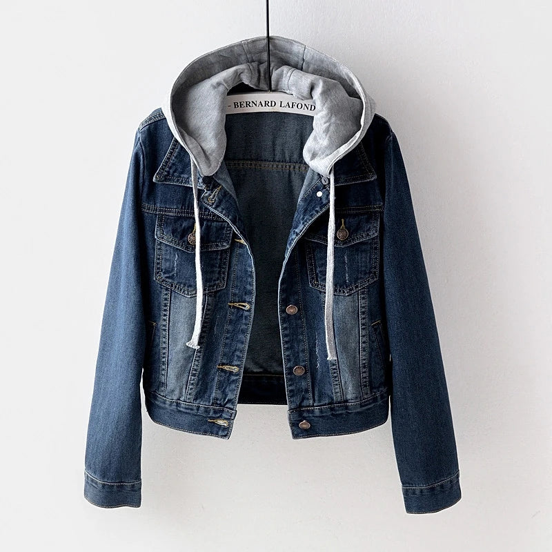 Women's Korean Fashion Long Sleeve Jean Jacket Slim Hooded Short Denim Jacket Woman Coat