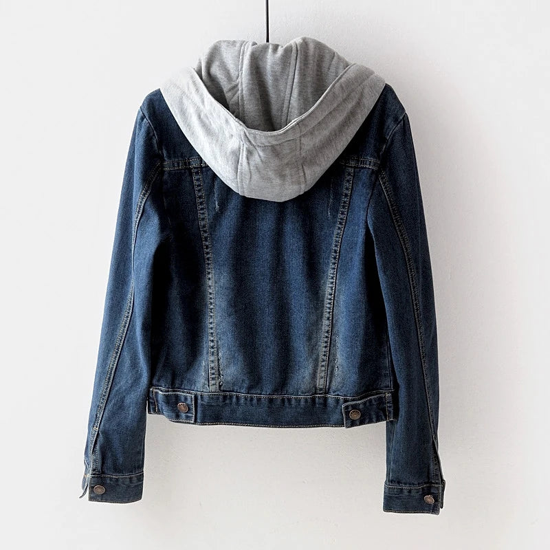Women's Korean Fashion Long Sleeve Jean Jacket Slim Hooded Short Denim Jacket Woman Coat