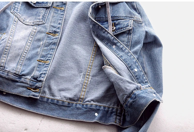 Women's Korean Fashion Long Sleeve Jean Jacket Slim Hooded Short Denim Jacket Woman Coat