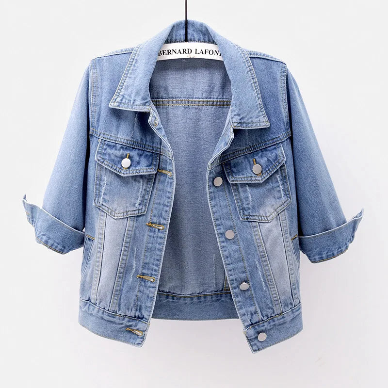 Women's Korean Fashion Long Sleeve Jean Jacket Slim Hooded Short Denim Jacket Woman Coat