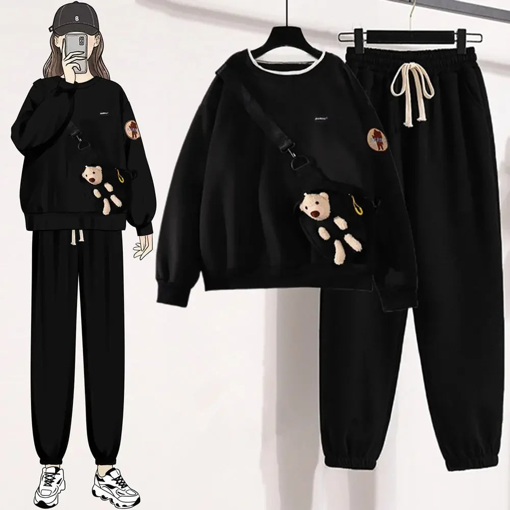 Harajuku Winter Warm Sweatshirt Pants 1 or 2 Piece Set Women Korean Cute Bear Hoodies and Trousers Suit Men Kawaii Clothes