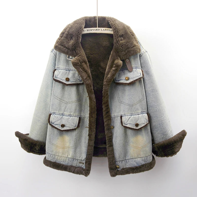 Winter Thick Faux Mink Cashmere Denim Jacket Women Cowboy Outerwear Vintage Loose Big Pocket Stand Collar Jeans Jacket Female