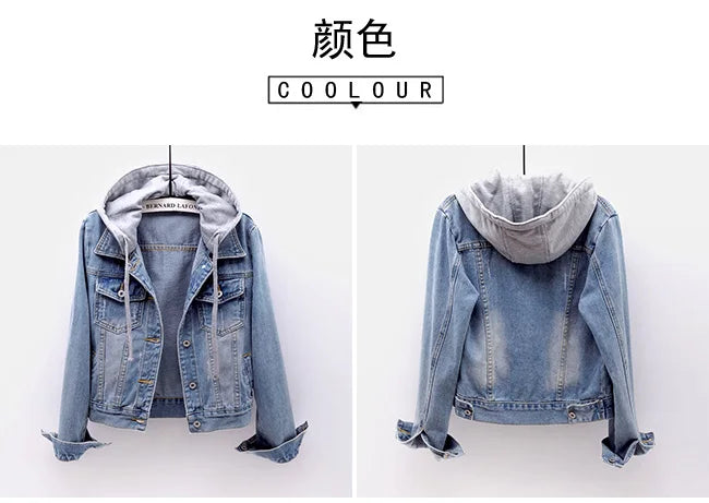 Women's Korean Fashion Long Sleeve Jean Jacket Slim Hooded Short Denim Jacket Woman Coat