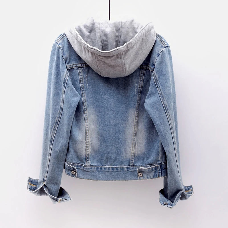 Women's Korean Fashion Long Sleeve Jean Jacket Slim Hooded Short Denim Jacket Woman Coat