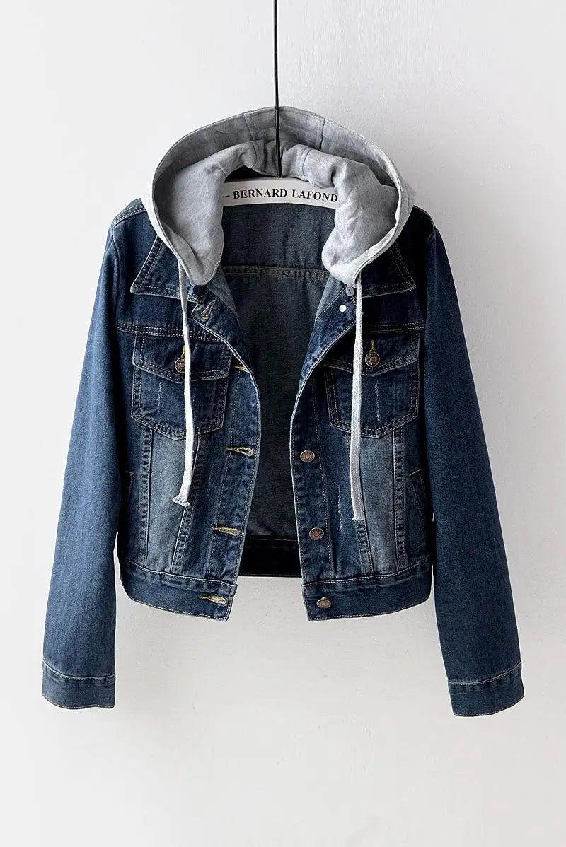Women's Korean Fashion Long Sleeve Jean Jacket Slim Hooded Short Denim Jacket Woman Coat