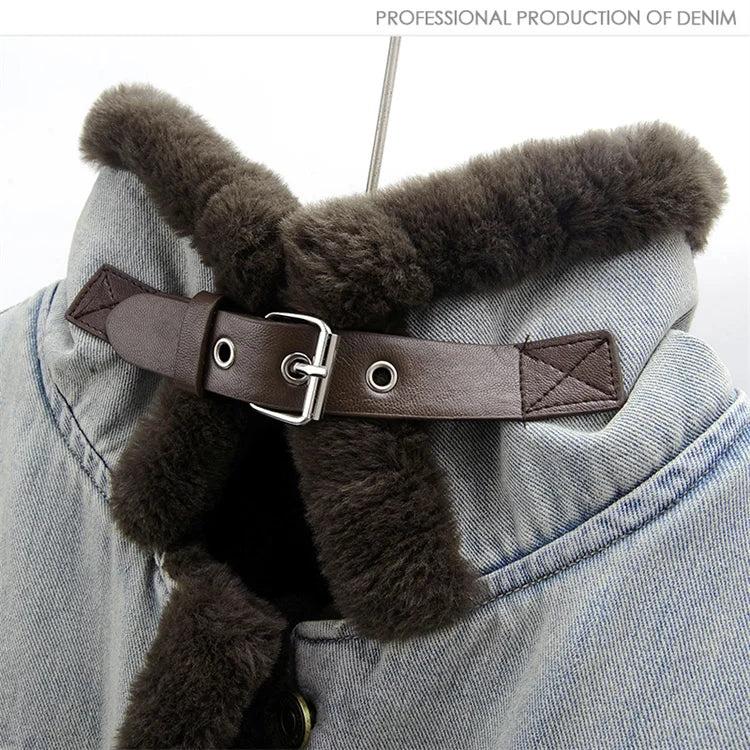 Winter Thick Faux Mink Cashmere Denim Jacket Women Cowboy Outerwear Vintage Loose Big Pocket Stand Collar Jeans Jacket Female