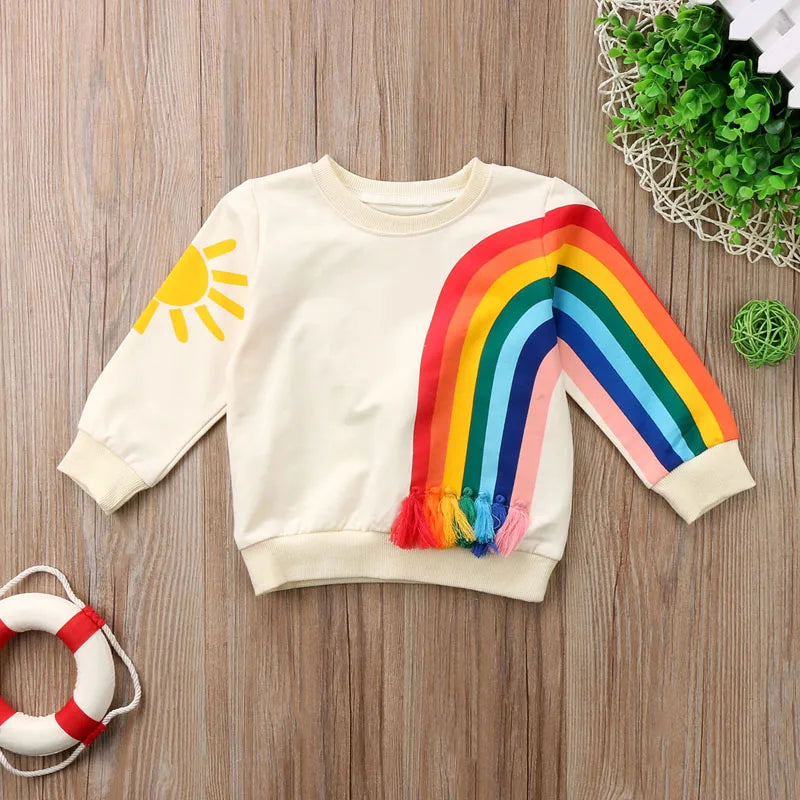 2020 Brand New Toddler Infant Girl Kid Rainbow Tassel T-Shirt Tops Clothes Colorful Sweater Sweatshirt Cardigan Casual Warm Tops