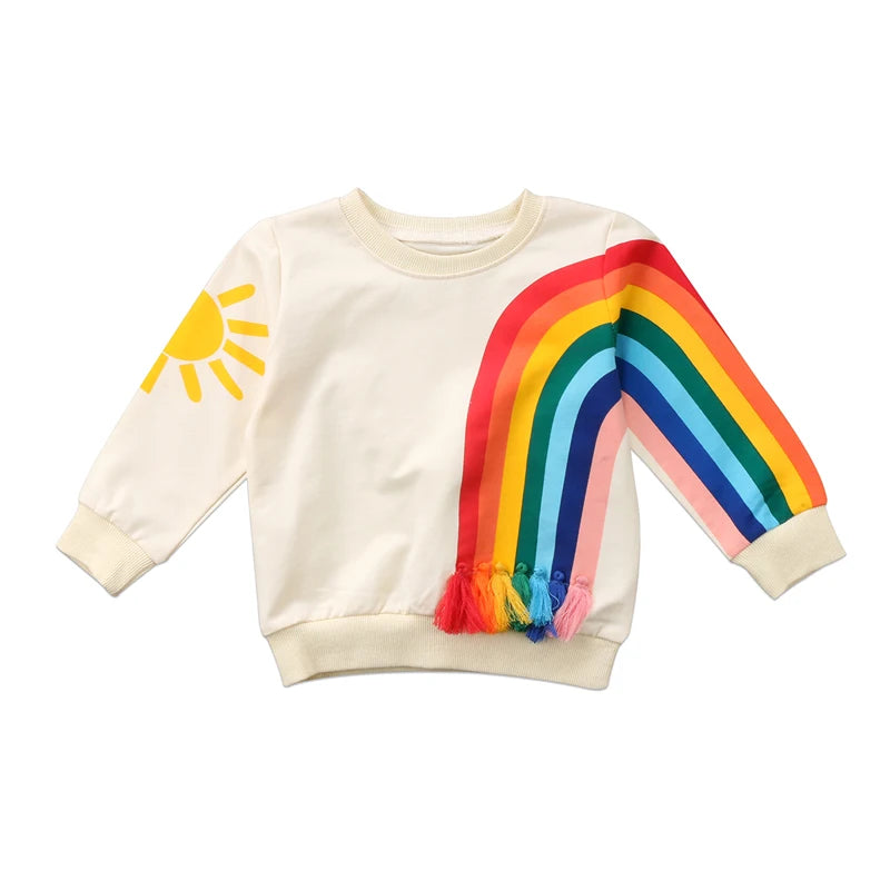 2020 Brand New Toddler Infant Girl Kid Rainbow Tassel T-Shirt Tops Clothes Colorful Sweater Sweatshirt Cardigan Casual Warm Tops