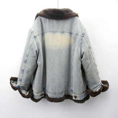 Winter Thick Faux Mink Cashmere Denim Jacket Women Cowboy Outerwear Vintage Loose Big Pocket Stand Collar Jeans Jacket Female