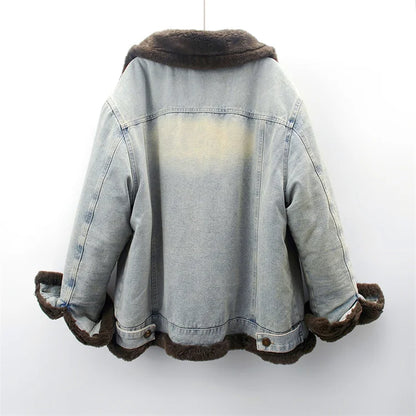 Winter Thick Faux Mink Cashmere Denim Jacket Women Cowboy Outerwear Vintage Loose Big Pocket Stand Collar Jeans Jacket Female