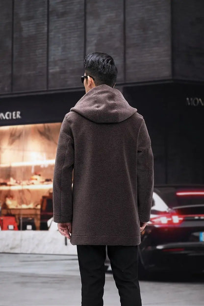 Men Winter Long Casual Thick Fleece Hooded Waterproof Jacket Male Real Fur Wool Coat  Outwear Vintage Clothing   G436