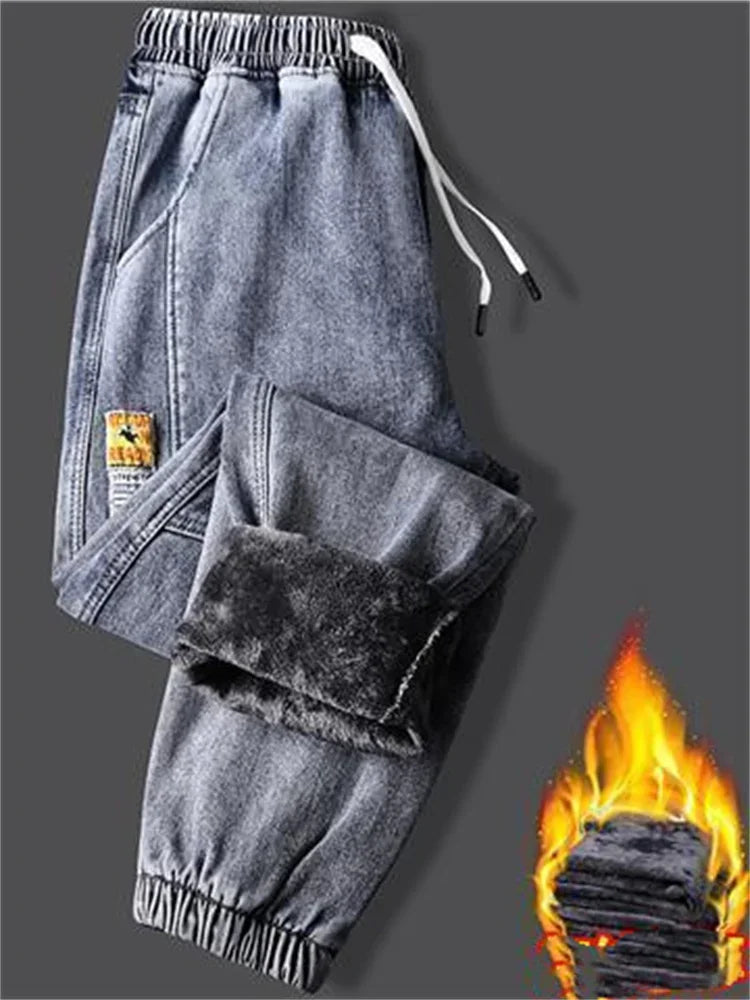 Men's jeans Winter Fleece Jeans Thick Warm Denim Pants Men Streetwear Black Joggers Harem Jean Trousers cargo pants men clothing