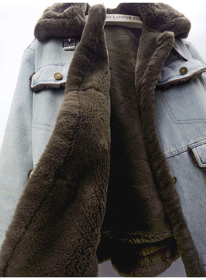 Winter Thick Faux Mink Cashmere Denim Jacket Women Cowboy Outerwear Vintage Loose Big Pocket Stand Collar Jeans Jacket Female