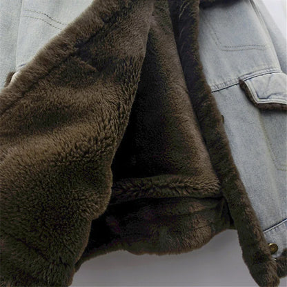Winter Thick Faux Mink Cashmere Denim Jacket Women Cowboy Outerwear Vintage Loose Big Pocket Stand Collar Jeans Jacket Female