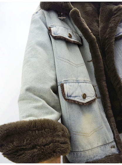Winter Thick Faux Mink Cashmere Denim Jacket Women Cowboy Outerwear Vintage Loose Big Pocket Stand Collar Jeans Jacket Female