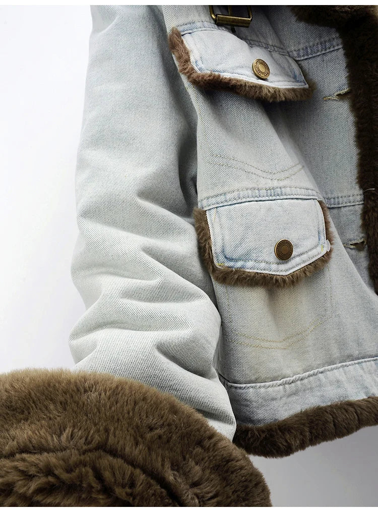 Winter Thick Faux Mink Cashmere Denim Jacket Women Cowboy Outerwear Vintage Loose Big Pocket Stand Collar Jeans Jacket Female