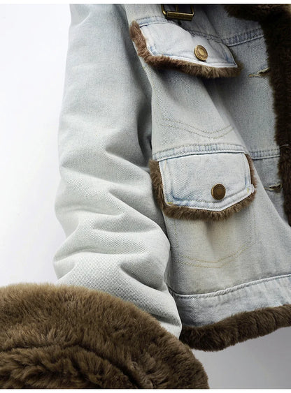Winter Thick Faux Mink Cashmere Denim Jacket Women Cowboy Outerwear Vintage Loose Big Pocket Stand Collar Jeans Jacket Female