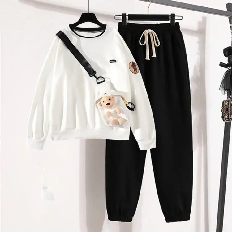 Harajuku Winter Warm Sweatshirt Pants 1 or 2 Piece Set Women Korean Cute Bear Hoodies and Trousers Suit Men Kawaii Clothes