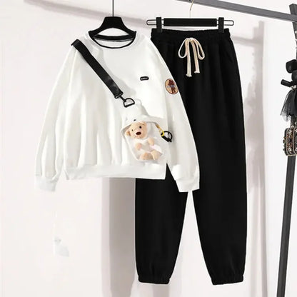 Harajuku Winter Warm Sweatshirt Pants 1 or 2 Piece Set Women Korean Cute Bear Hoodies and Trousers Suit Men Kawaii Clothes