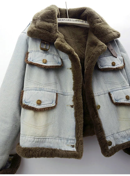 Winter Thick Faux Mink Cashmere Denim Jacket Women Cowboy Outerwear Vintage Loose Big Pocket Stand Collar Jeans Jacket Female