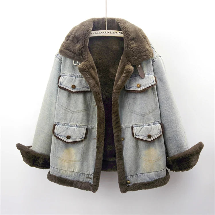 Winter Thick Faux Mink Cashmere Denim Jacket Women Cowboy Outerwear Vintage Loose Big Pocket Stand Collar Jeans Jacket Female