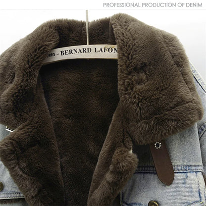 Winter Thick Faux Mink Cashmere Denim Jacket Women Cowboy Outerwear Vintage Loose Big Pocket Stand Collar Jeans Jacket Female