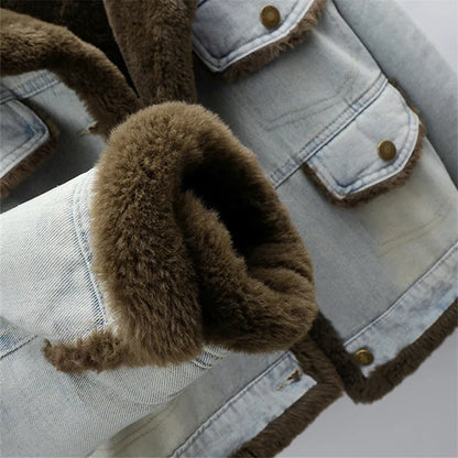 Winter Thick Faux Mink Cashmere Denim Jacket Women Cowboy Outerwear Vintage Loose Big Pocket Stand Collar Jeans Jacket Female