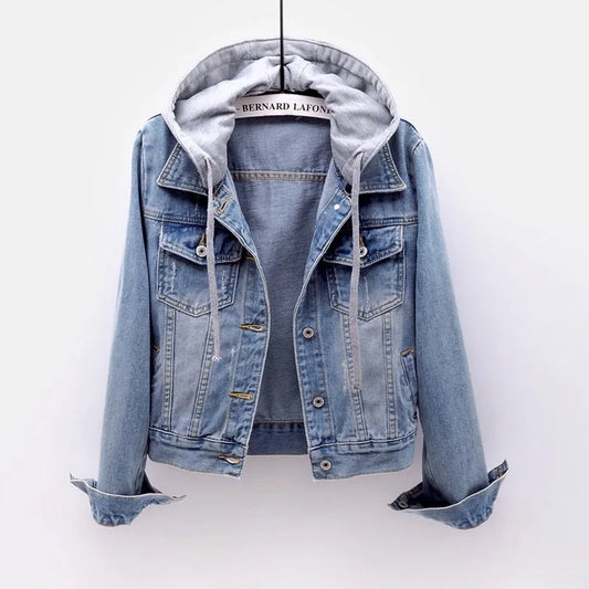 Damen Korean Fashion Langarm Jeansjacke Schlanke Kapuze Kurze Jeansjacke Damenmantel