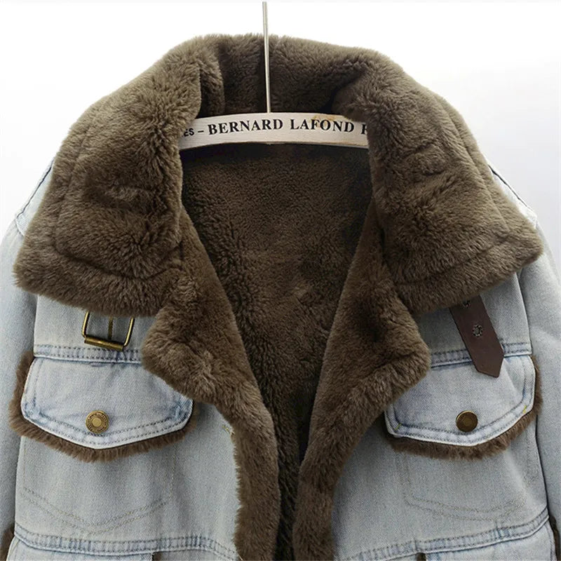 Winter Thick Faux Mink Cashmere Denim Jacket Women Cowboy Outerwear Vintage Loose Big Pocket Stand Collar Jeans Jacket Female
