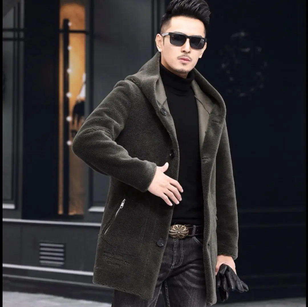 Men Winter Long Casual Thick Fleece Hooded Waterproof Jacket Male Real Fur Wool Coat  Outwear Vintage Clothing   G436