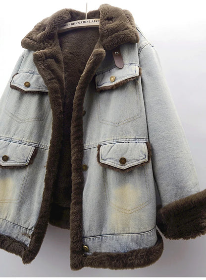 Winter Thick Faux Mink Cashmere Denim Jacket Women Cowboy Outerwear Vintage Loose Big Pocket Stand Collar Jeans Jacket Female