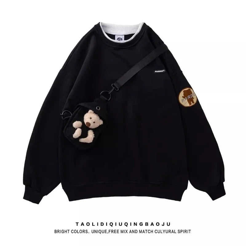 Harajuku Winter Warm Sweatshirt Pants 1 or 2 Piece Set Women Korean Cute Bear Hoodies and Trousers Suit Men Kawaii Clothes