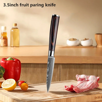 3PCS Kitchen Knife Set Laser Damascus Santoku Knife Utility Knife Professional Chef Knife Meat Cleaver Kitchen Accessories