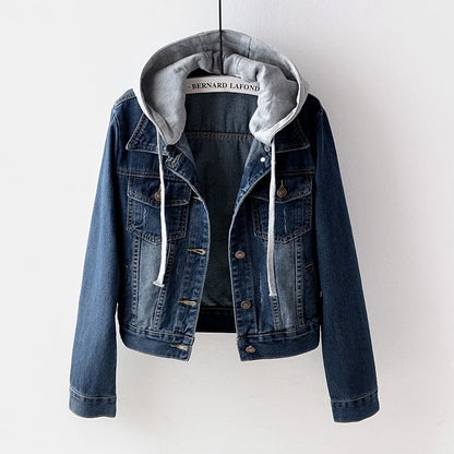 Women's Korean Fashion Long Sleeve Jean Jacket Slim Hooded Short Denim Jacket Woman Coat