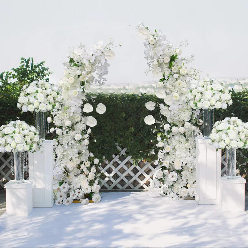 Luxury 5D White Floral Arrangement With Horn Arch Wedding Backdrop Props Flower Stand Rose Baby Breath Table Centerpieces Ball