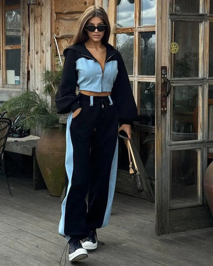 2024 Autumn and Winter New Casual Contrasting Color Suit Long Sleeve Hoodie Sports 2 Sets of Pants Suit Women's Clothing
