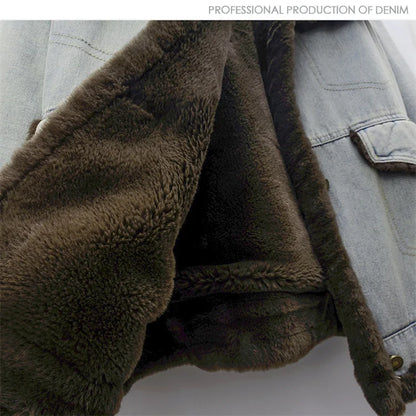 Winter Thick Faux Mink Cashmere Denim Jacket Women Cowboy Outerwear Vintage Loose Big Pocket Stand Collar Jeans Jacket Female