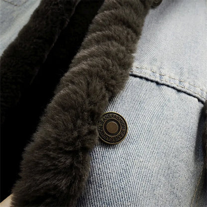 Winter Thick Faux Mink Cashmere Denim Jacket Women Cowboy Outerwear Vintage Loose Big Pocket Stand Collar Jeans Jacket Female