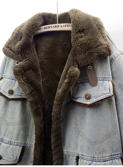 Winter Thick Faux Mink Cashmere Denim Jacket Women Cowboy Outerwear Vintage Loose Big Pocket Stand Collar Jeans Jacket Female