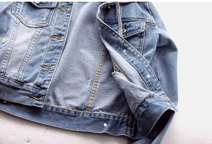 Women's Korean Fashion Long Sleeve Jean Jacket Slim Hooded Short Denim Jacket Woman Coat