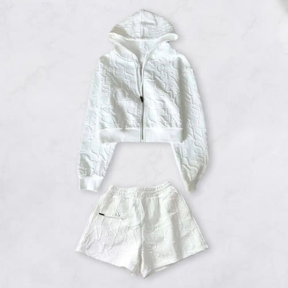 Women Loose Fit Coat Shorts Set Women's Hoodie Shorts Set with High Waist Trousers Zip-up Hooded Coat Long Sleeves for Active