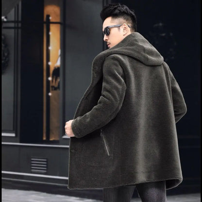 Men Winter Long Casual Thick Fleece Hooded Waterproof Jacket Male Real Fur Wool Coat  Outwear Vintage Clothing   G436
