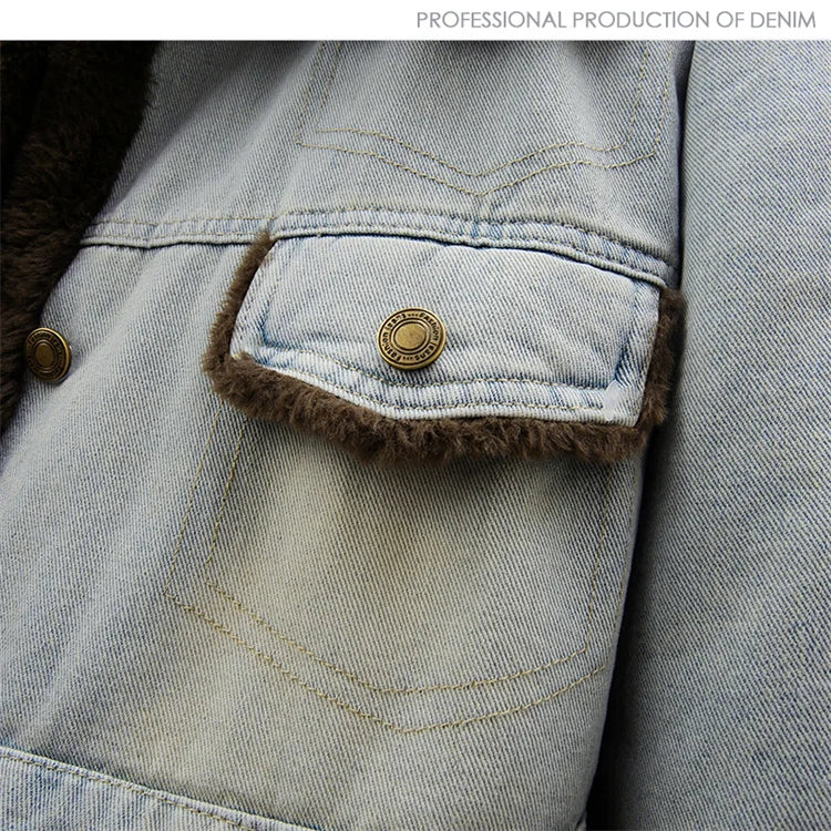 Winter Thick Faux Mink Cashmere Denim Jacket Women Cowboy Outerwear Vintage Loose Big Pocket Stand Collar Jeans Jacket Female