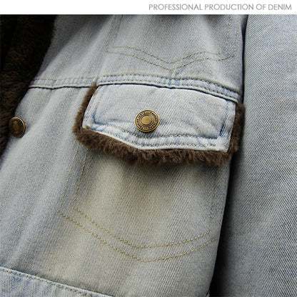 Winter Thick Faux Mink Cashmere Denim Jacket Women Cowboy Outerwear Vintage Loose Big Pocket Stand Collar Jeans Jacket Female